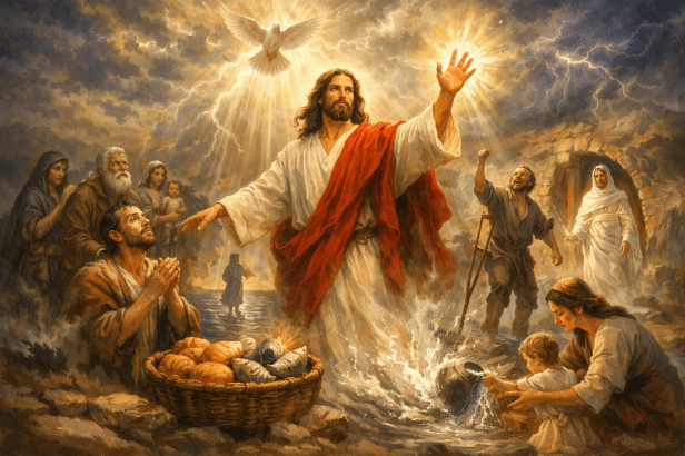 Jesus with outstretched hand blessing people, basket of bread and fish, healing man with crutches, dove above